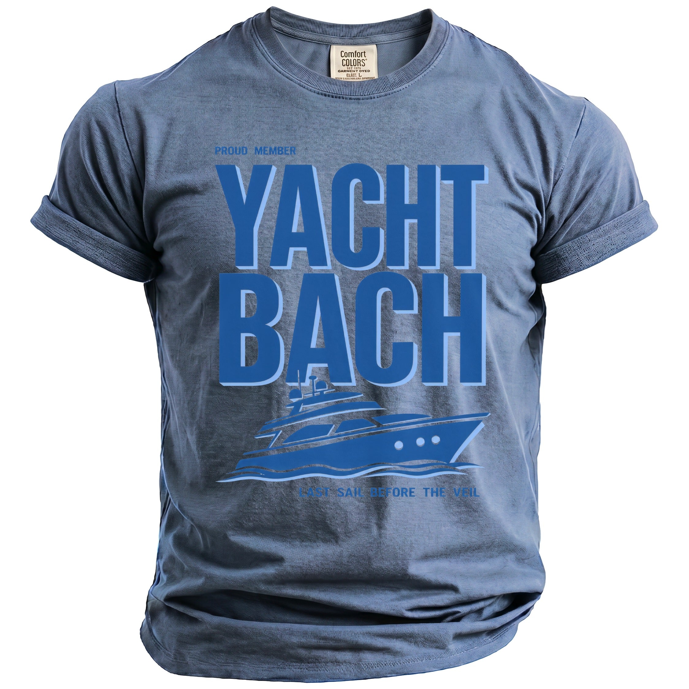 Blue t-shirt with "Proud Member Yacht Bach" and a yacht graphic.