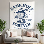 Tapestry with a cartoon golf ball saying "Same Hole Forever, Joe's Bachelor Par-tee".