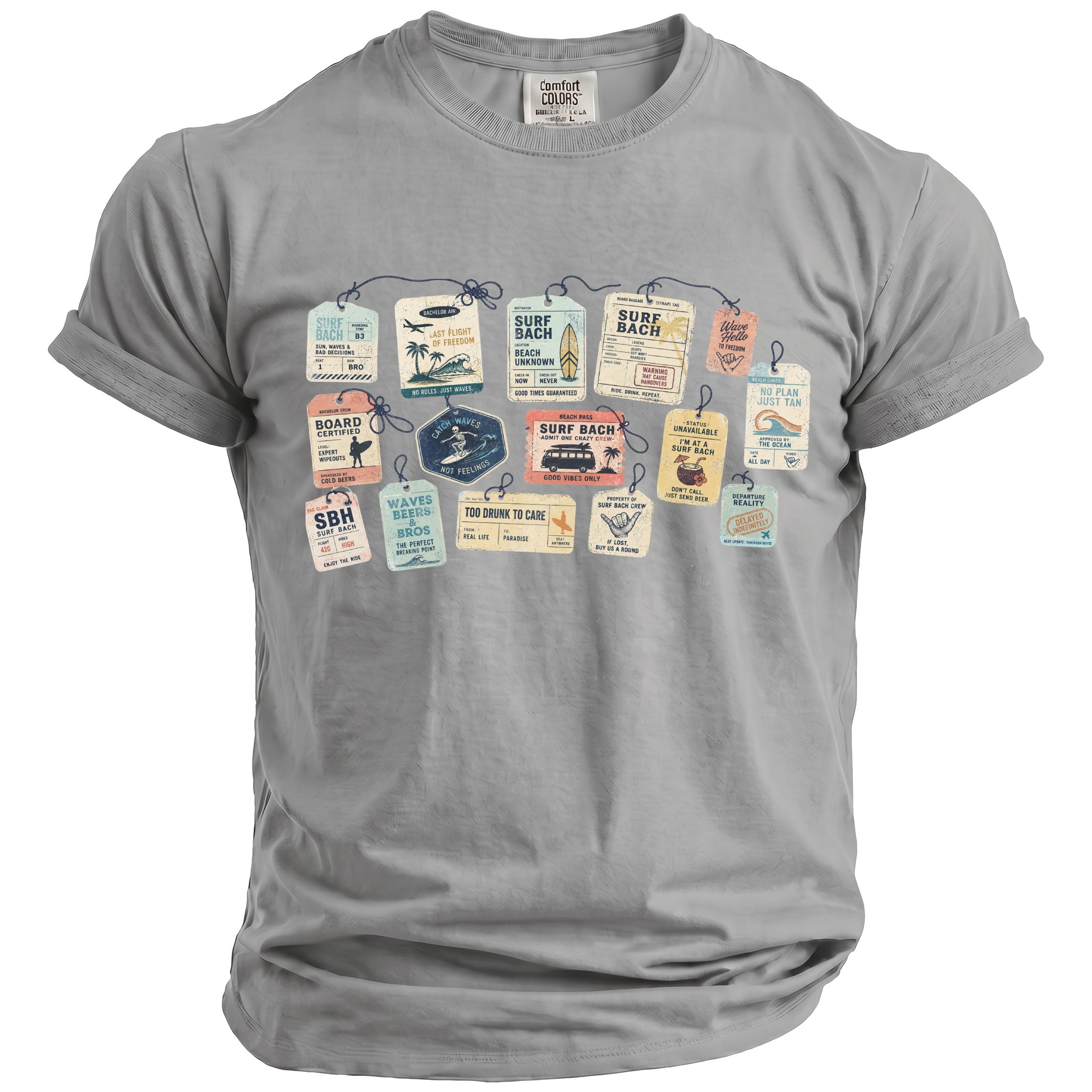 Gray t-shirt with multiple vintage luggage tags featuring surf and beach themes.