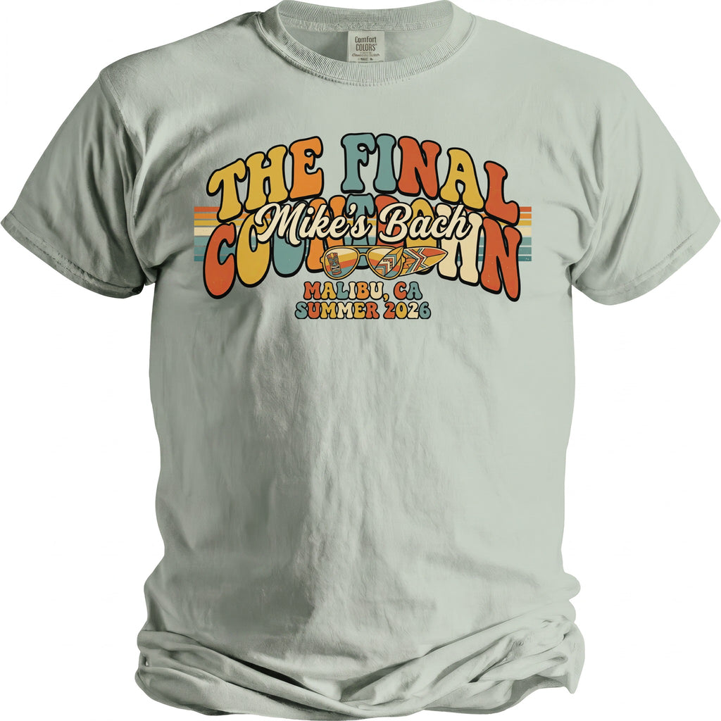 Light sage t-shirt with retro graphics: "The Final Countdown" and "Mike's Bach"