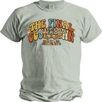 Light sage t-shirt with retro graphics: "The Final Countdown" and "Mike's Bach"