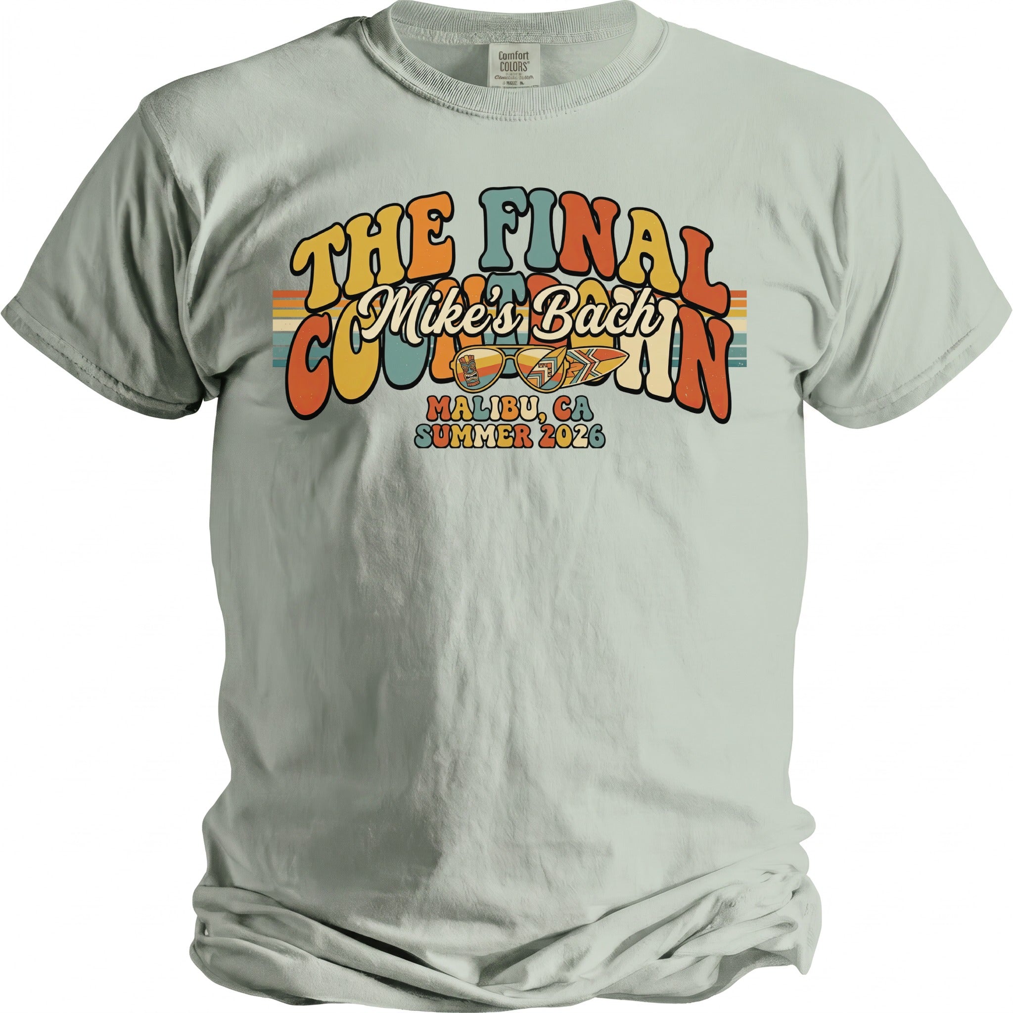 Light sage t-shirt with retro graphics: "The Final Countdown" and "Mike's Bach"
