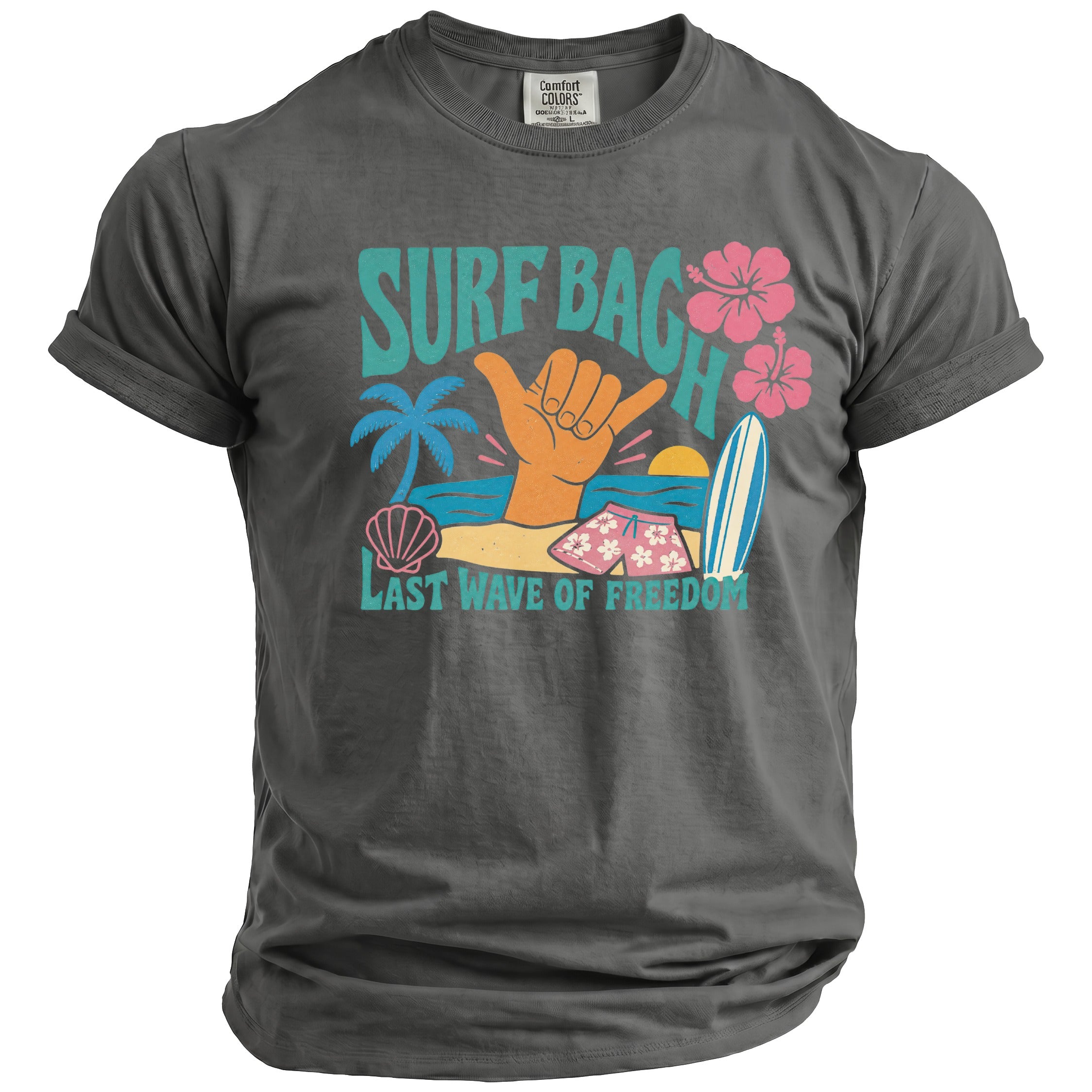 Gray t-shirt with vintage surf graphic and text "SURF BEACH LAST WAVE OF FREEDOM."