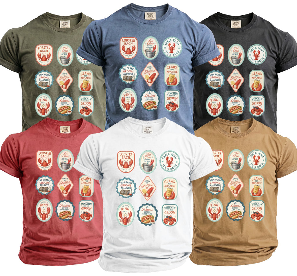 Assorted t-shirts in various colors featuring a grid of nine lobster-themed graphics.