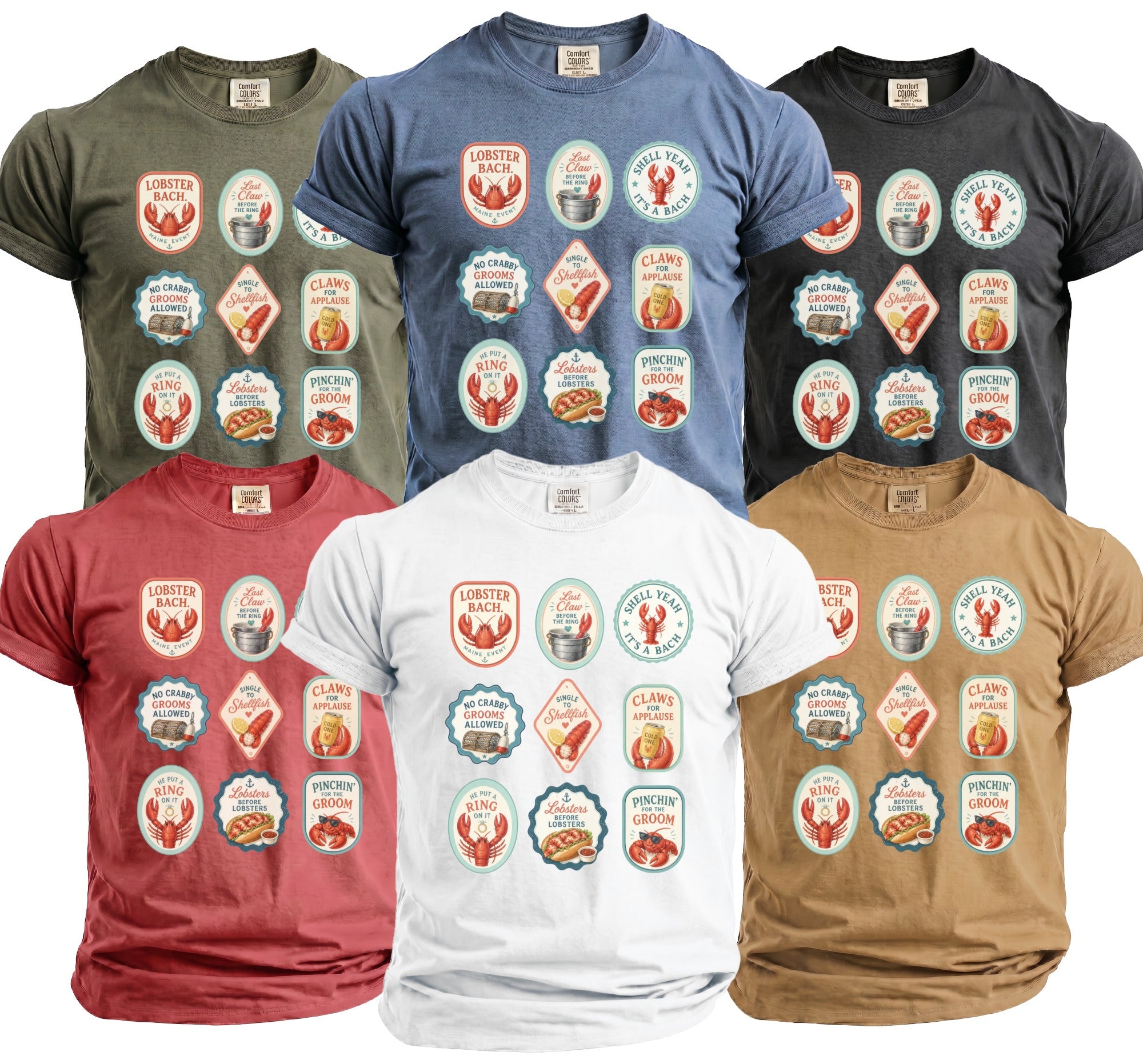 Assorted t-shirts in various colors featuring a grid of nine lobster-themed graphics.