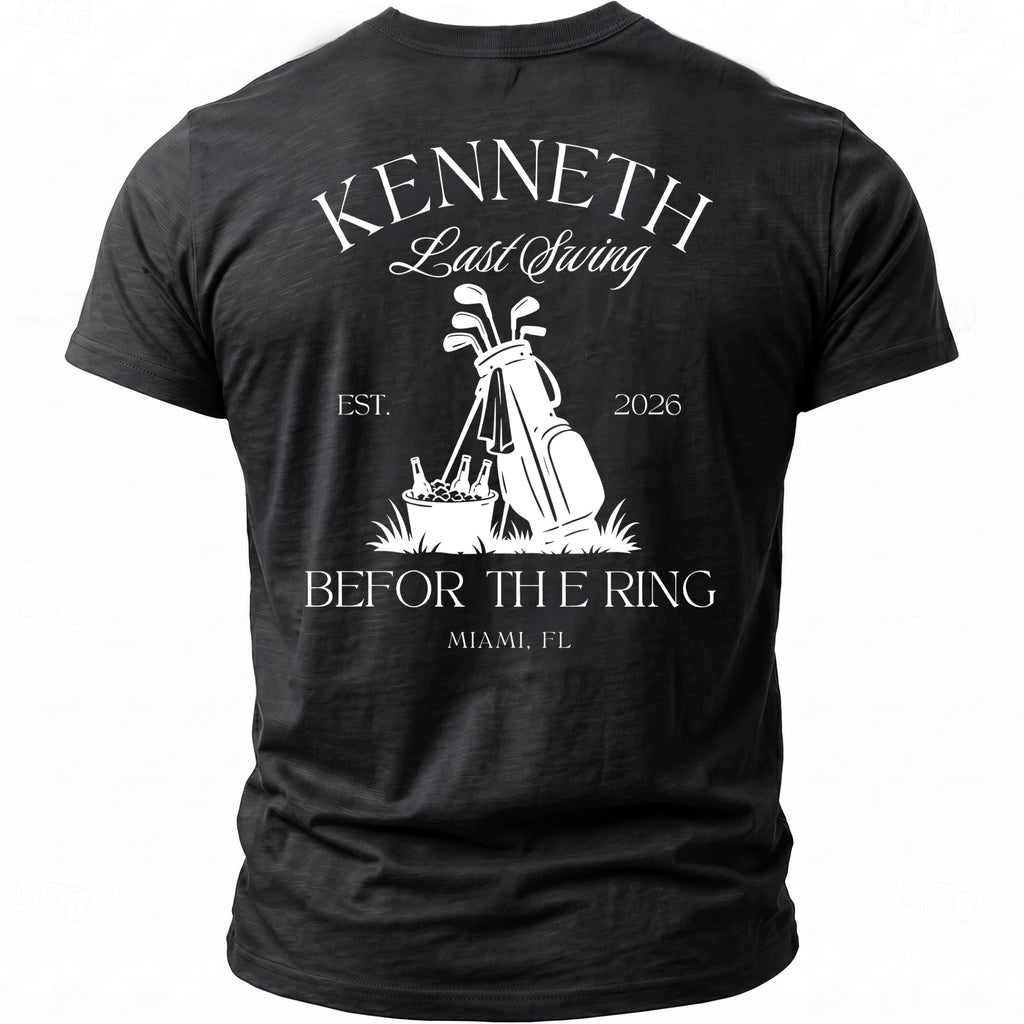 Black t-shirt with "Kenneth Last Swing Est. 2026 Before The Ring Miami, FL" text.