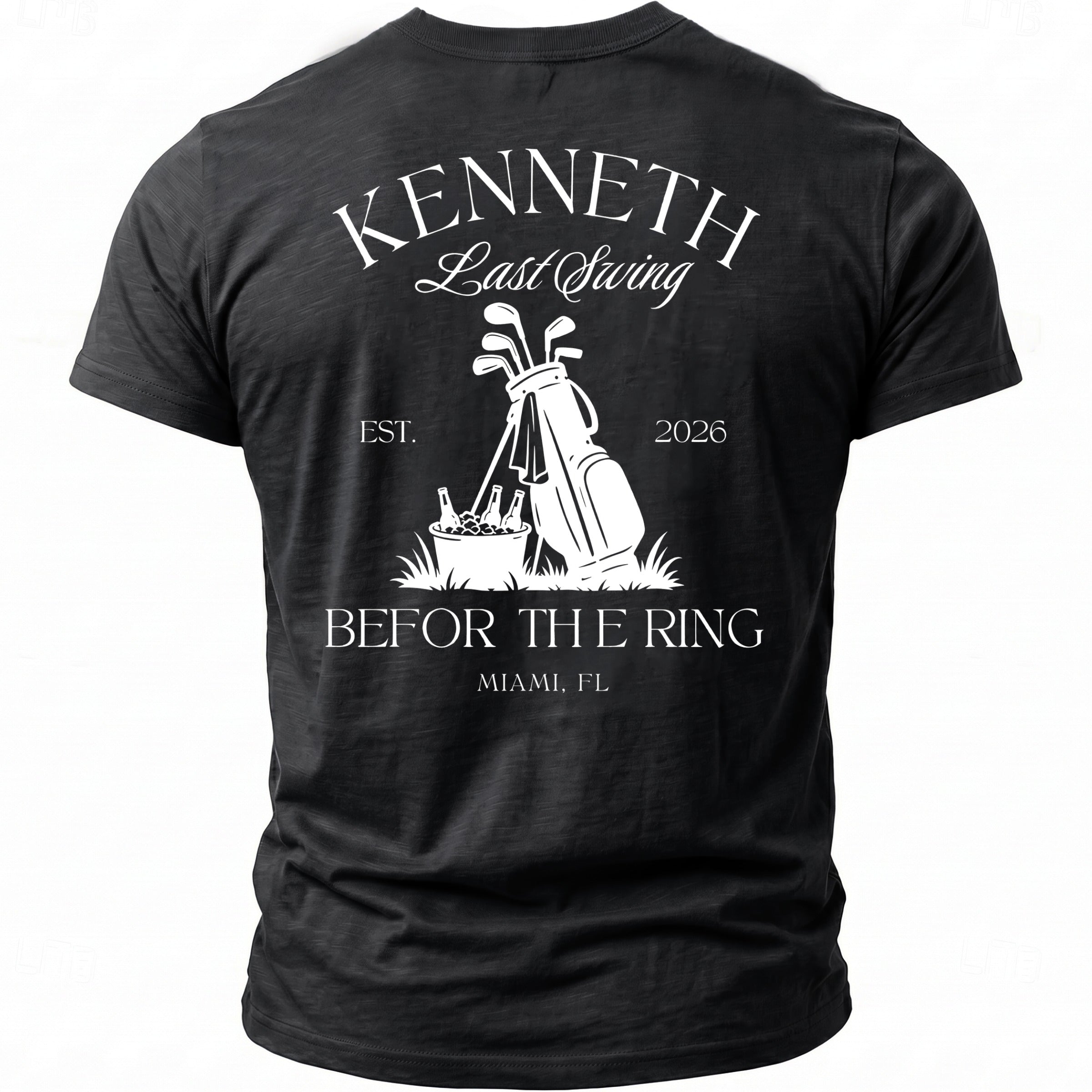 Black t-shirt with "Kenneth Last Swing Est. 2026 Before The Ring Miami, FL" text.