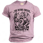 Pink t-shirt with black graphic of a dragon in armor holding a beer bottle, text reads "FIRE BEFORE FOREVER BACHELOR PARTY".