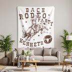 Tapestry with rodeo cowboy and bull, "BACH RODEO PARTY," "KENNETH," and "MIAMI, FL."