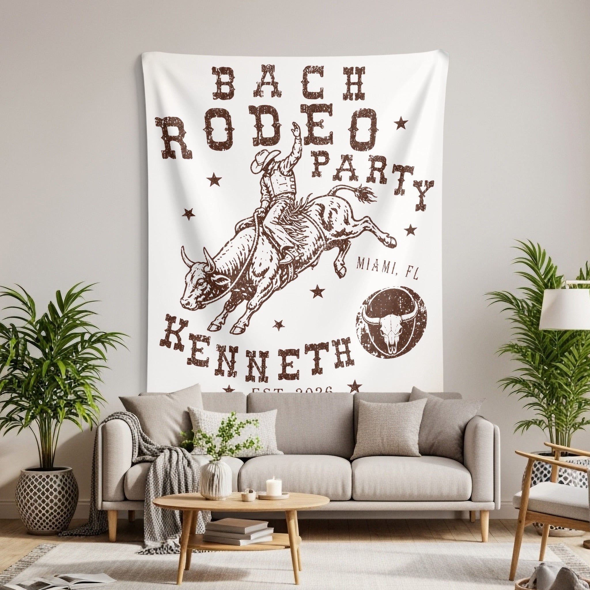 Tapestry with rodeo cowboy and bull, "BACH RODEO PARTY," "KENNETH," and "MIAMI, FL."