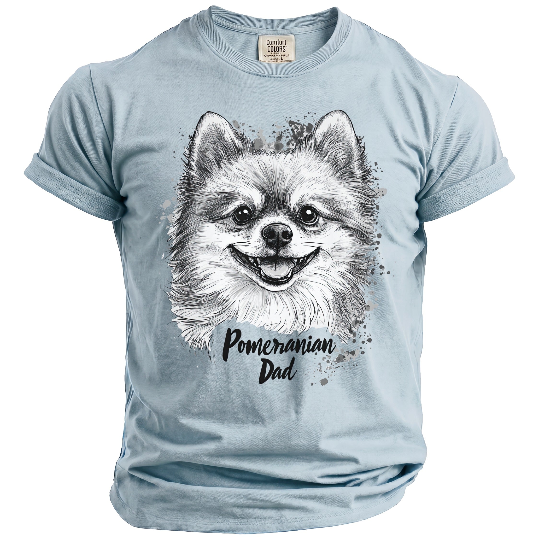 Light blue t-shirt with a black and white Pomeranian dog sketch and "Pomeranian Dad" text.