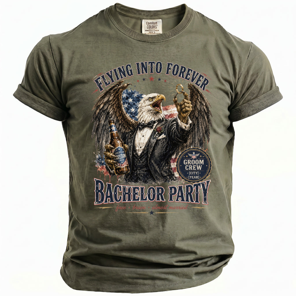 Olive green t-shirt with an eagle holding beer, "Bachelor Party" and "Flying Into Forever" text.