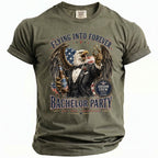 Olive green t-shirt with an eagle holding beer, "Bachelor Party" and "Flying Into Forever" text.