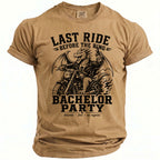 Tan t-shirt with black print of dragon on motorcycle, "Last Ride Before The Ring Bachelor Party".