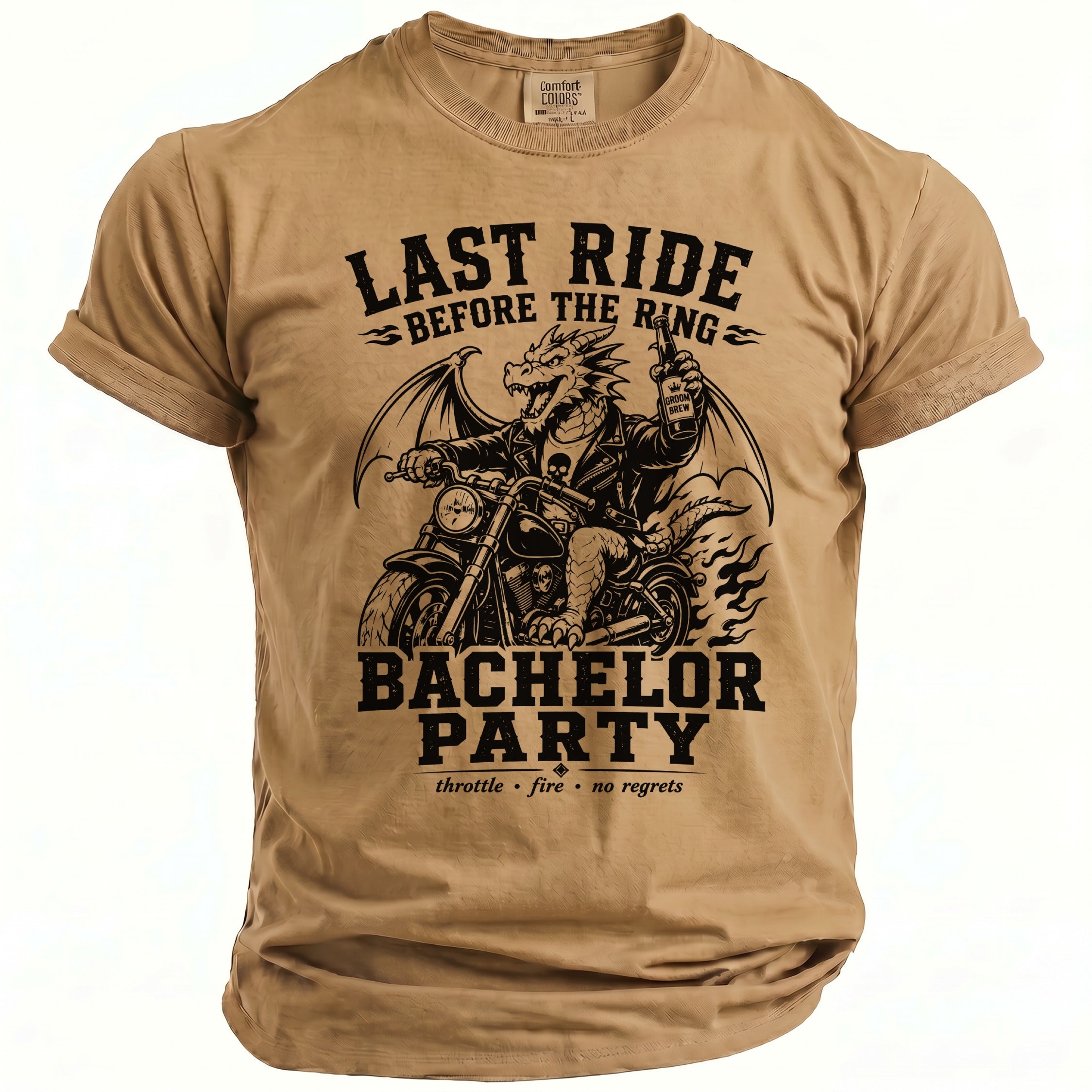 Tan t-shirt with black print of dragon on motorcycle, "Last Ride Before The Ring Bachelor Party".