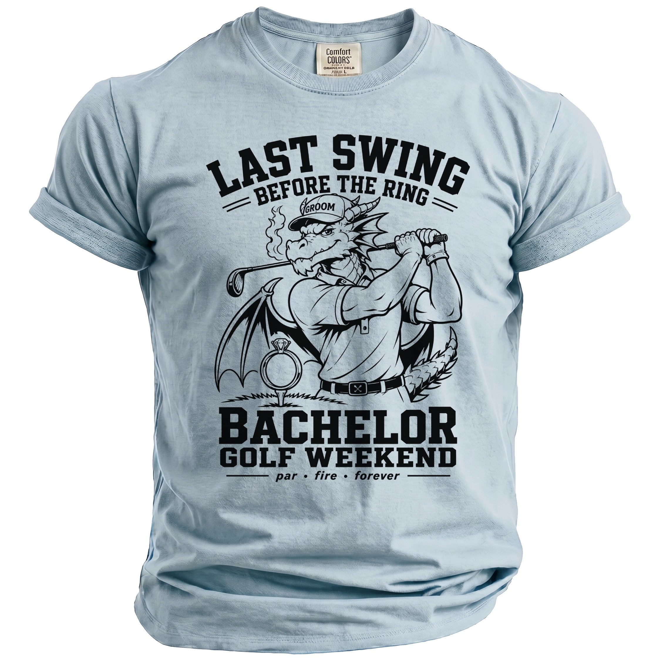 Light blue t-shirt with black graphic: dragon golfer, wedding ring, and text.