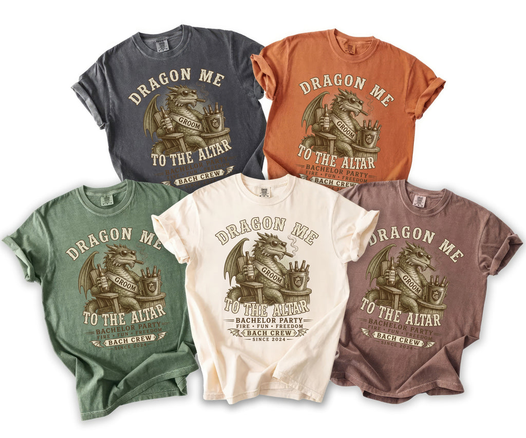 T-shirts with "Dragon Me to the Altar, Bachelor Party, Bach Crew" graphic.