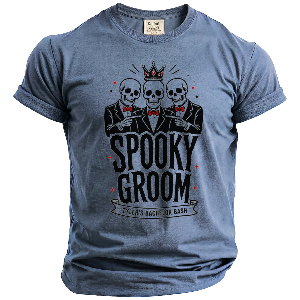 Grey t-shirt with "Spooky Groom Tyler's Bachelor Bash" text and three skulls.
