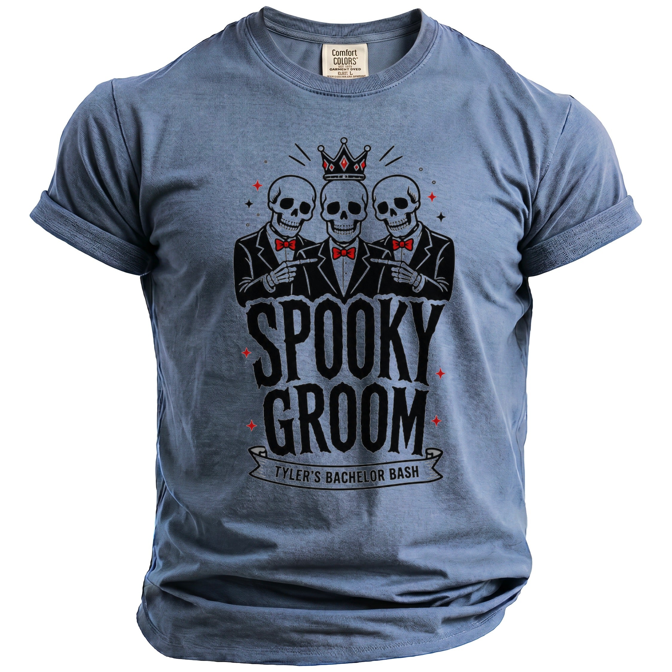Grey t-shirt with "Spooky Groom Tyler's Bachelor Bash" text and three skulls.