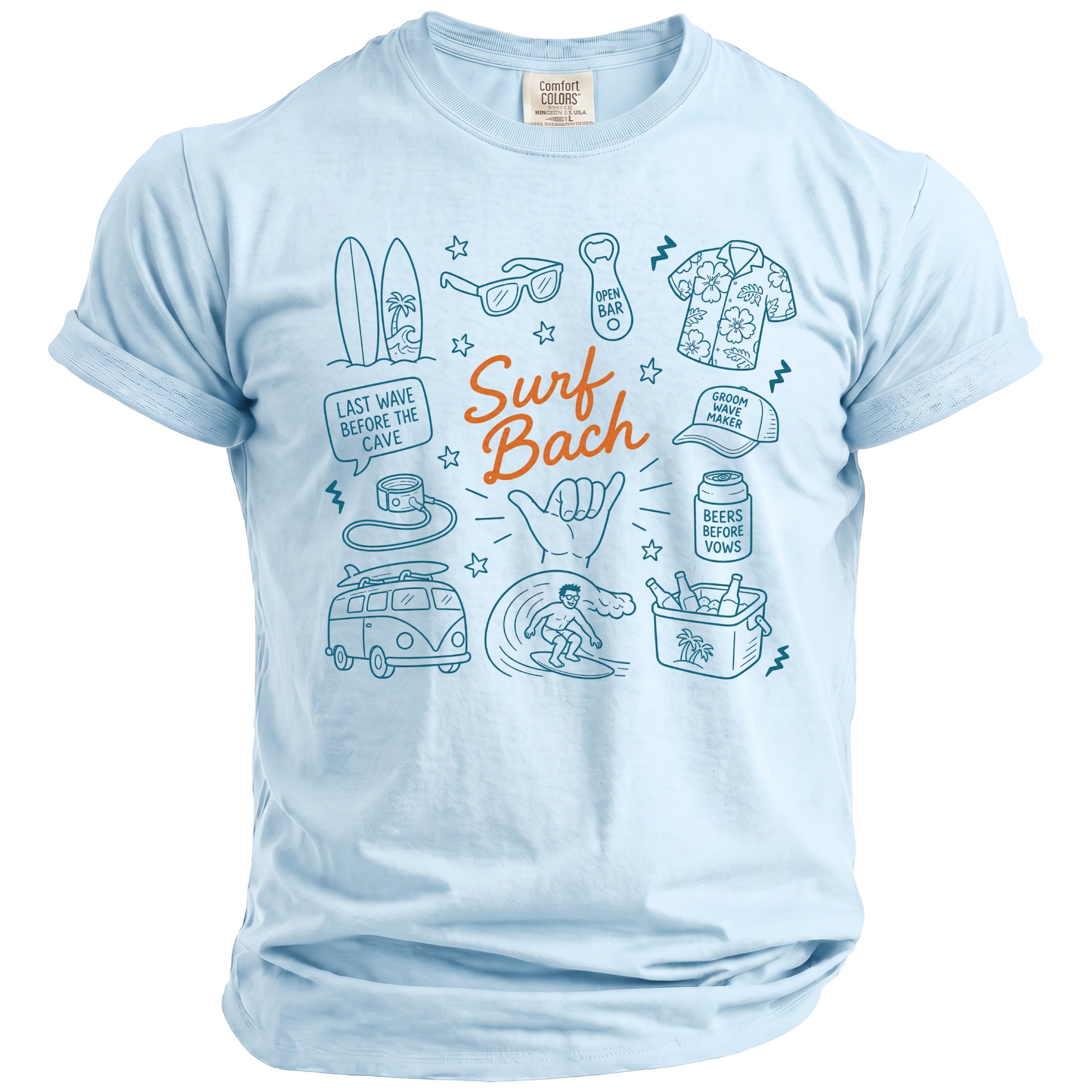 Light blue t-shirt with "Surf Bach" text and surfing-themed line art graphics.