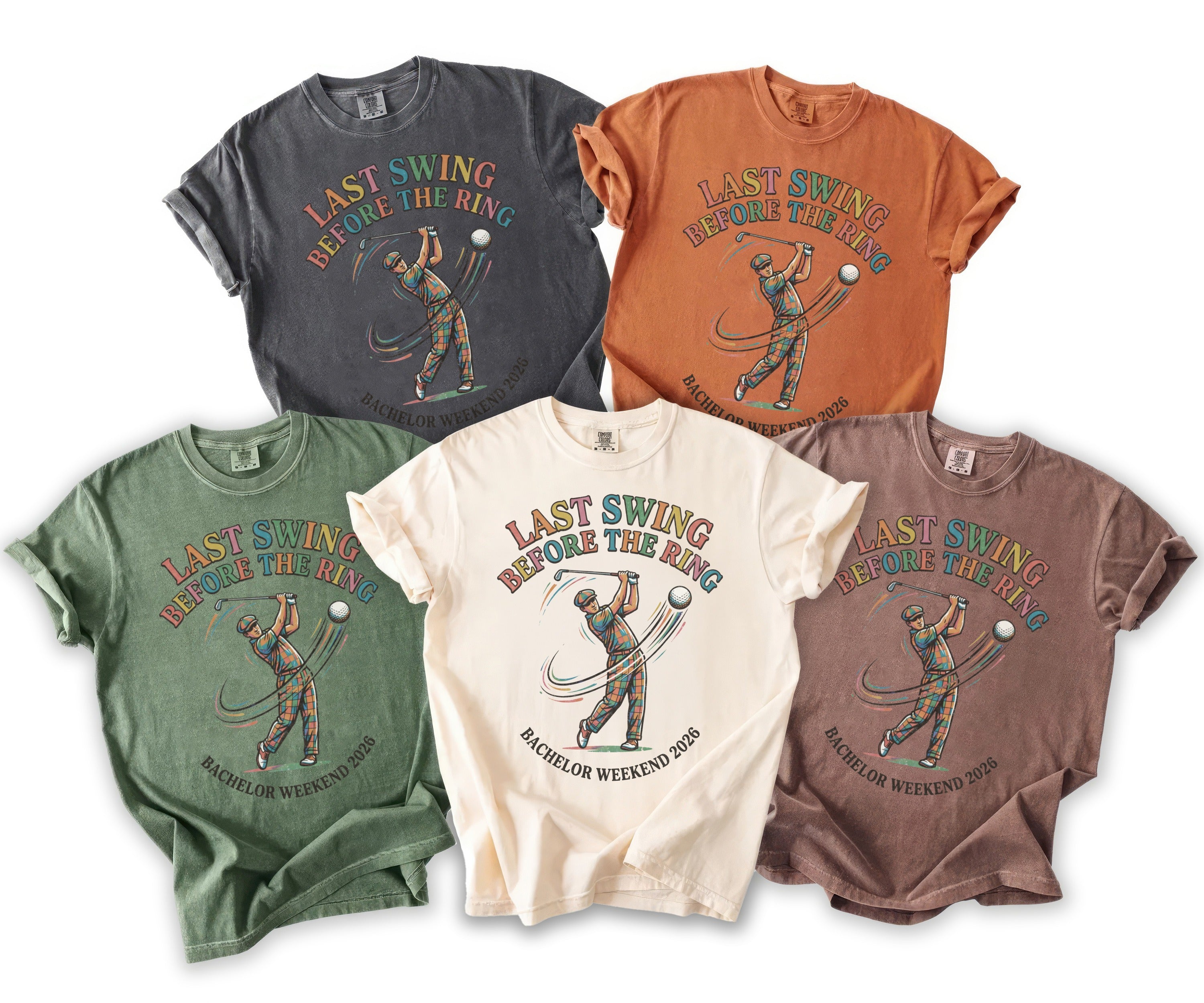 T-shirts feature "Last Swing Before the Ring" and golfer graphic.