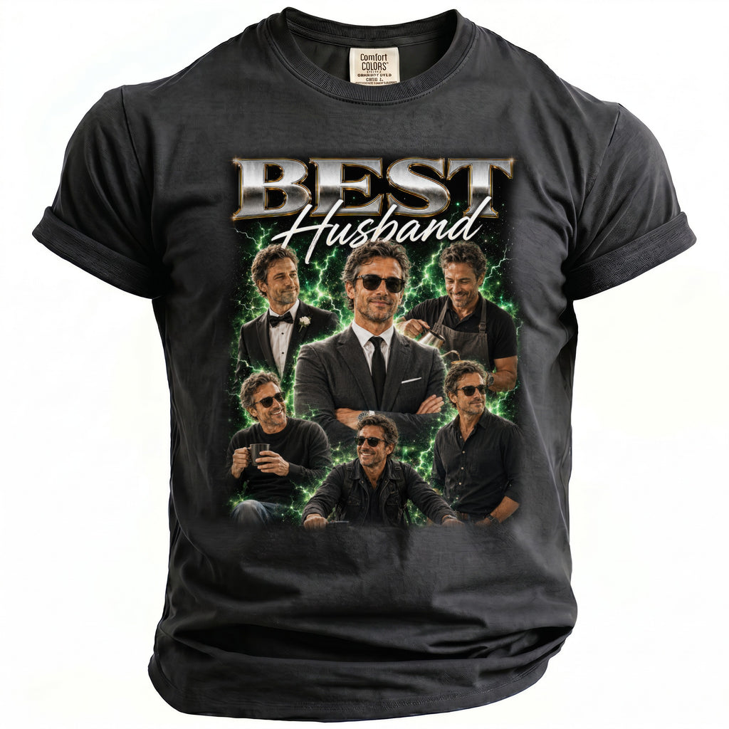 Dark t-shirt with "BEST Husband" text and collage of a man in six different outfits.