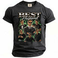 Dark t-shirt with "BEST Husband" text and collage of a man in six different outfits.