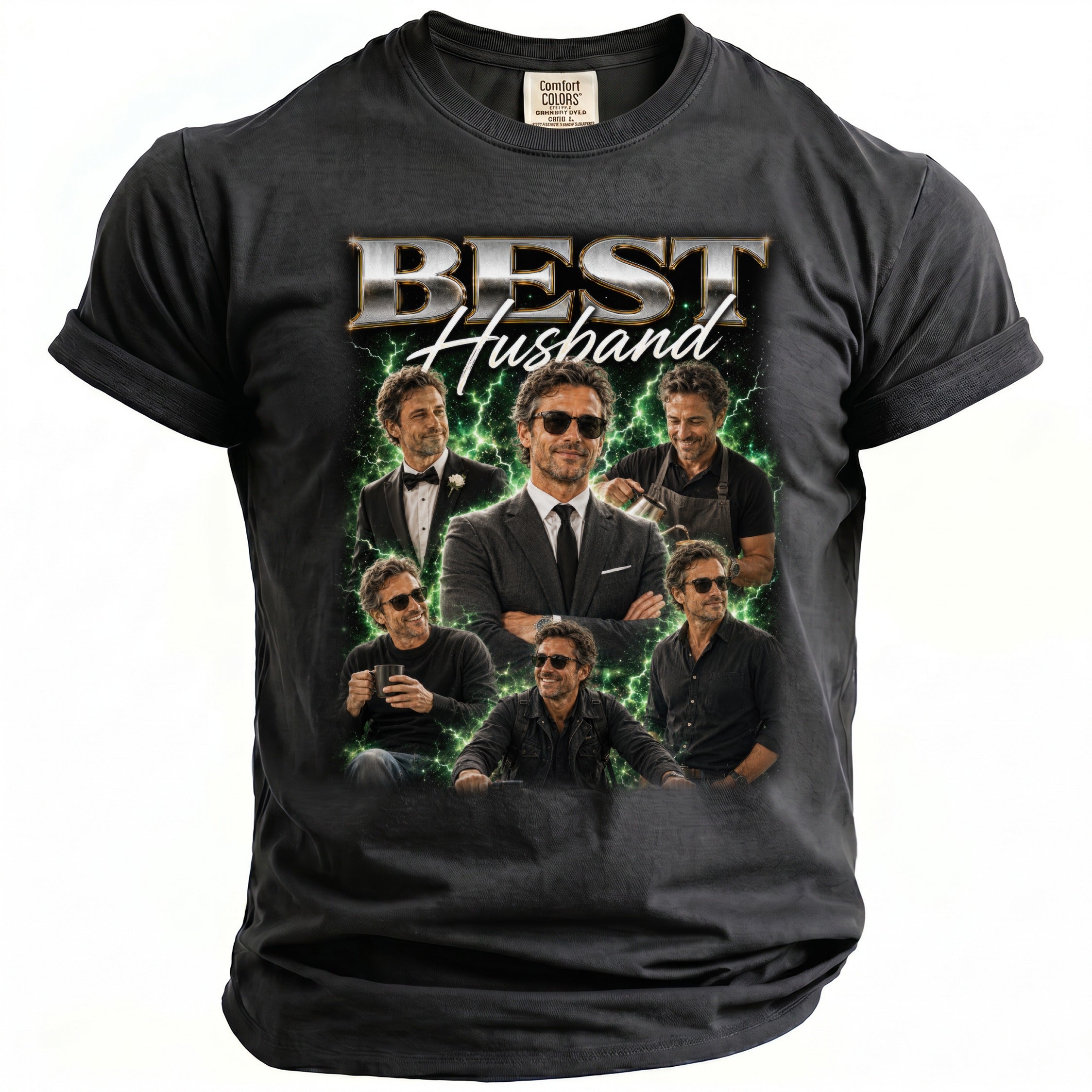 Dark t-shirt with "BEST Husband" text and collage of a man in six different outfits.