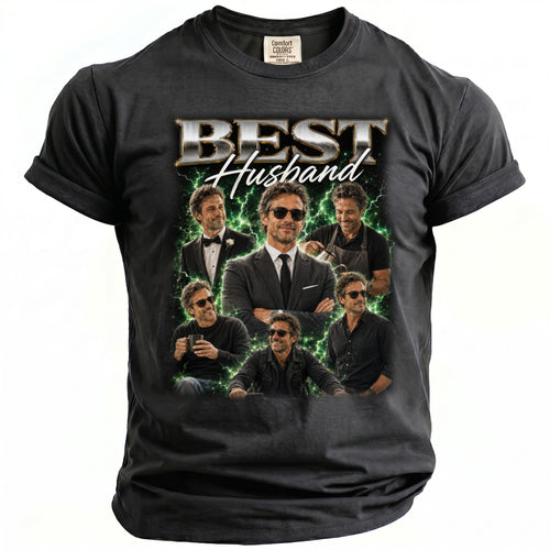 Dark t-shirt with "BEST Husband" text and collage of a man in six different outfits.