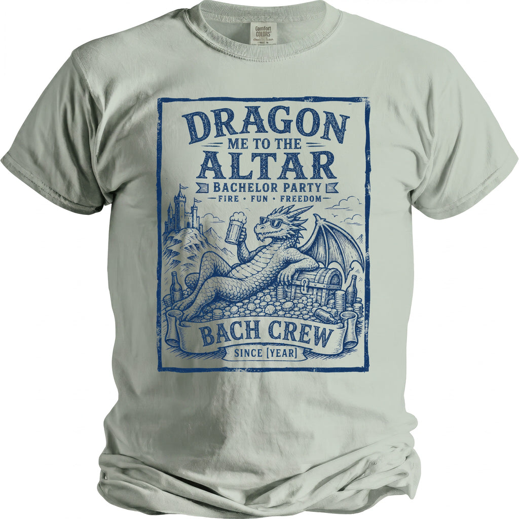 Light blue t-shirt with blue graphic of a dragon holding beer, sitting on treasure chest.