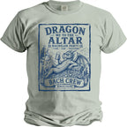 Light blue t-shirt with blue graphic of a dragon holding beer, sitting on treasure chest.