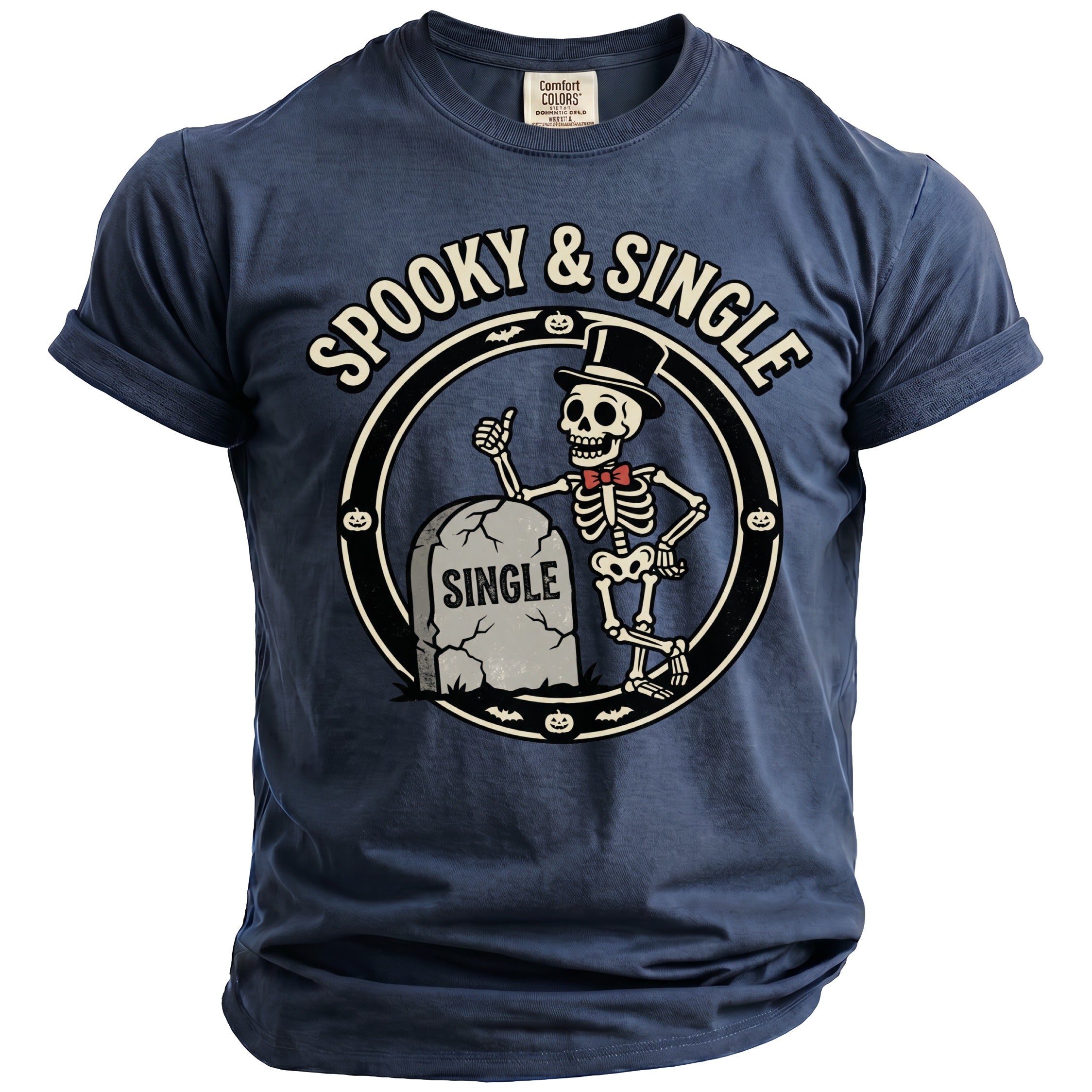 Dark grey t-shirt with graphic of skeleton giving thumbs up next to tombstone reading "SINGLE".