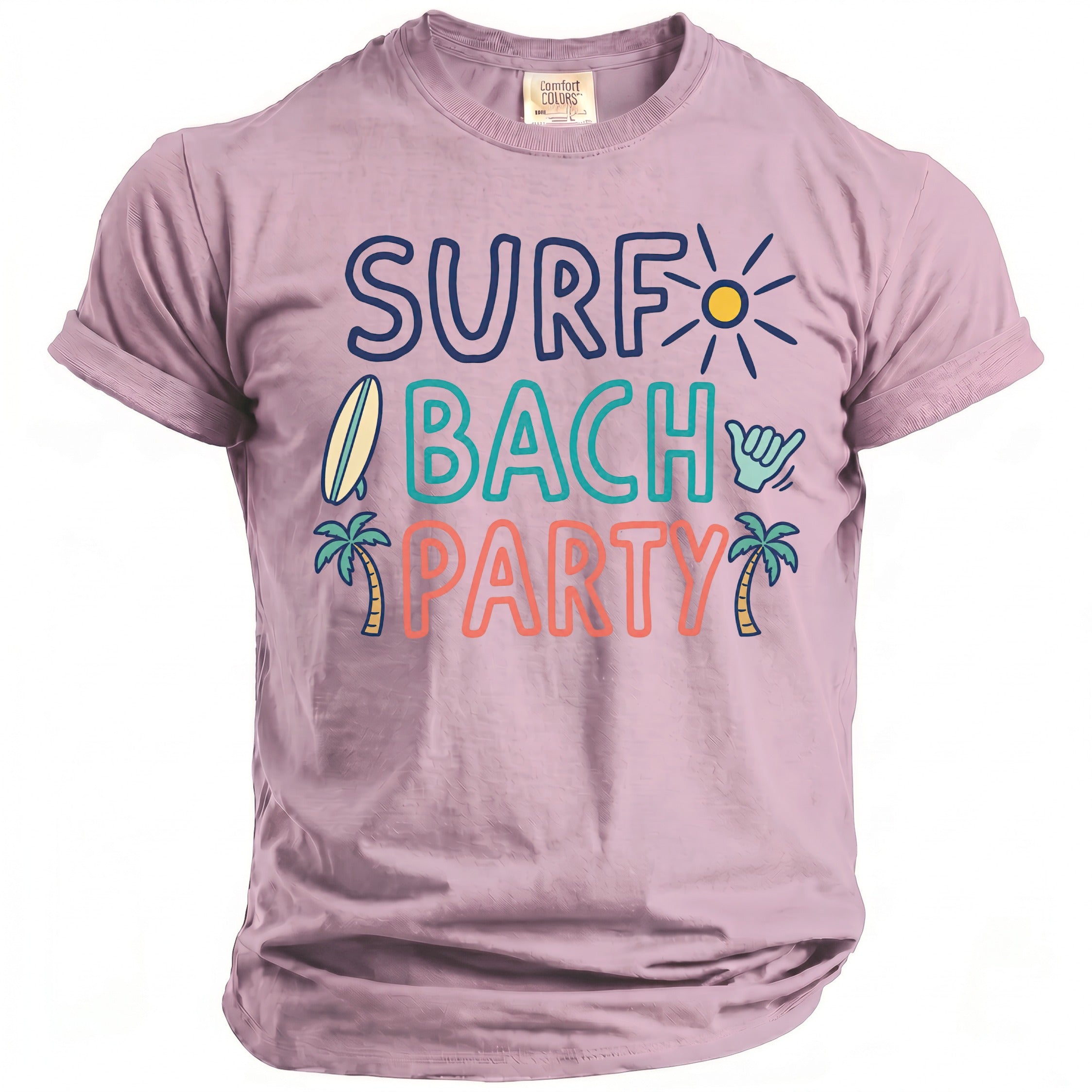 Lavender t-shirt with "SURF BACH PARTY" text, surfboard, sun, and palm trees.