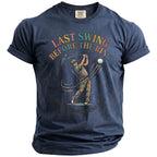 Navy t-shirt with "Last Swing Before the Ring Bachelor Weekend 2026" graphic.