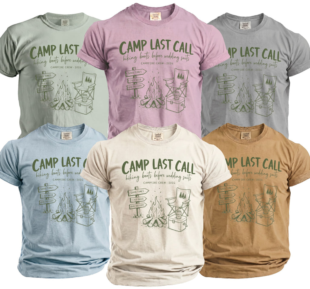 T-shirts with "Camp Last Call" graphic, campfire, and directional signs.