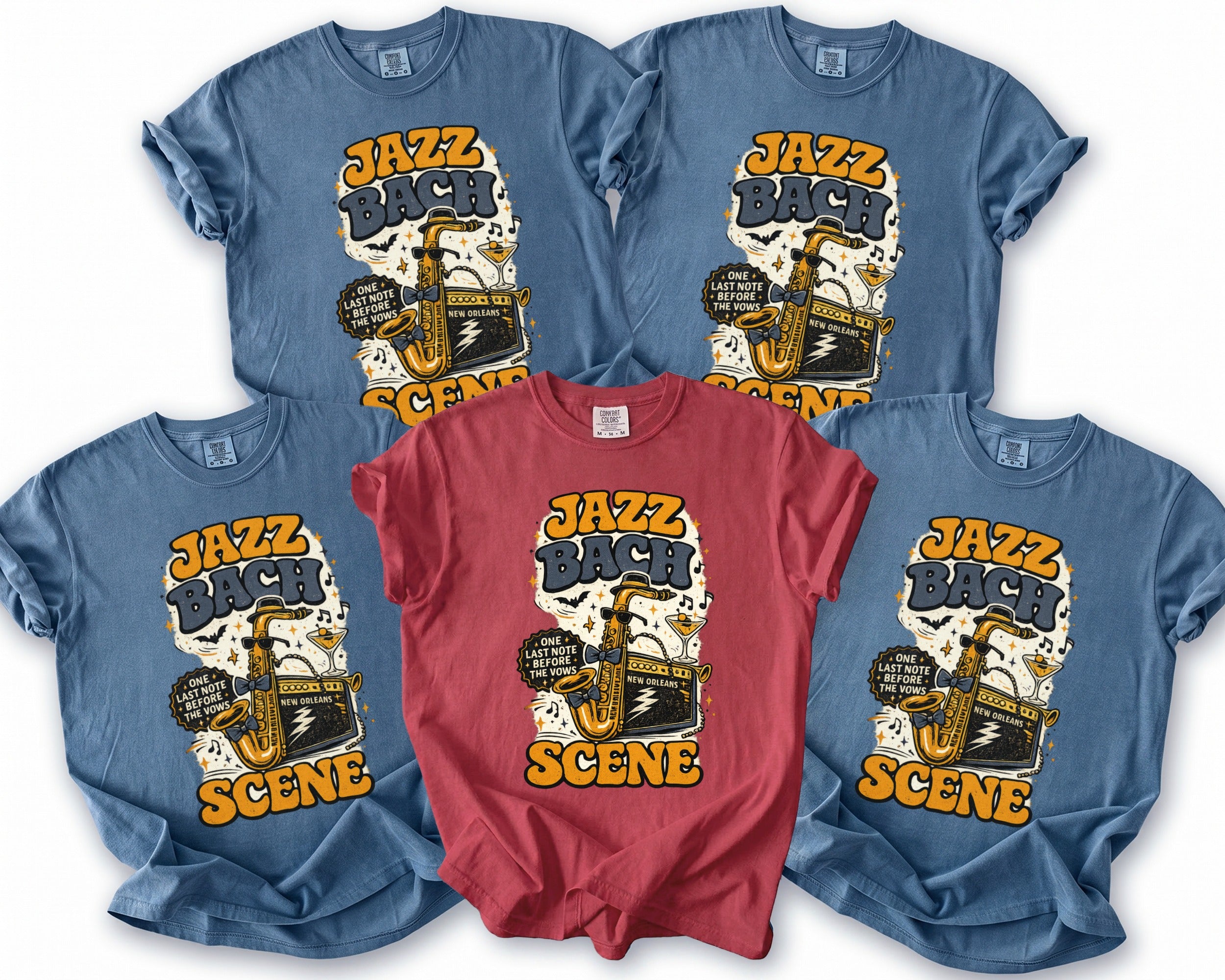 T-shirts with "JAZZ BACH" graphic featuring a saxophone, cocktail, and "New Orleans" text.