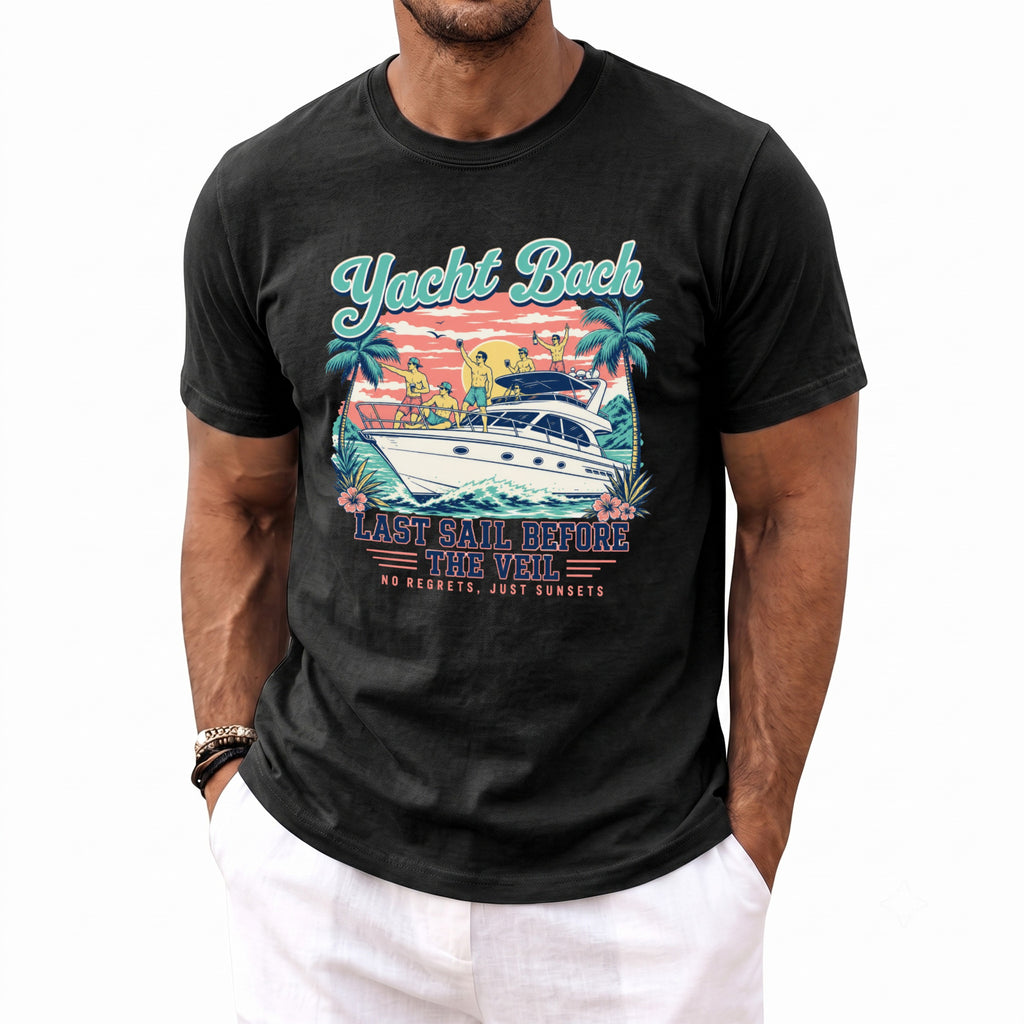 A man wearing a black t-shirt featuring a retro graphic with a yacht, palm trees, and the text Yacht Bach Last Sail Before The Veil.