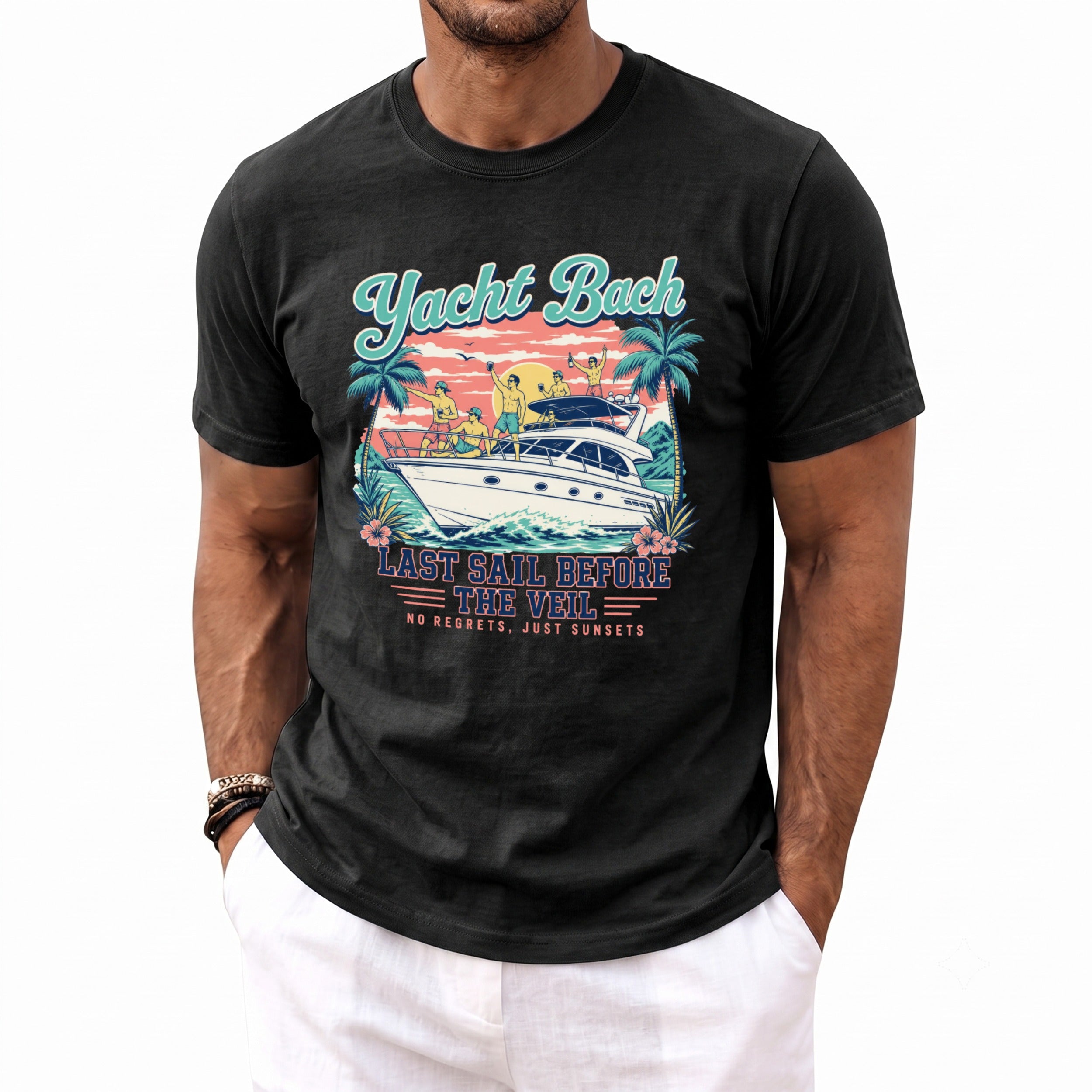 A man wearing a black t-shirt featuring a retro graphic with a yacht, palm trees, and the text Yacht Bach Last Sail Before The Veil.