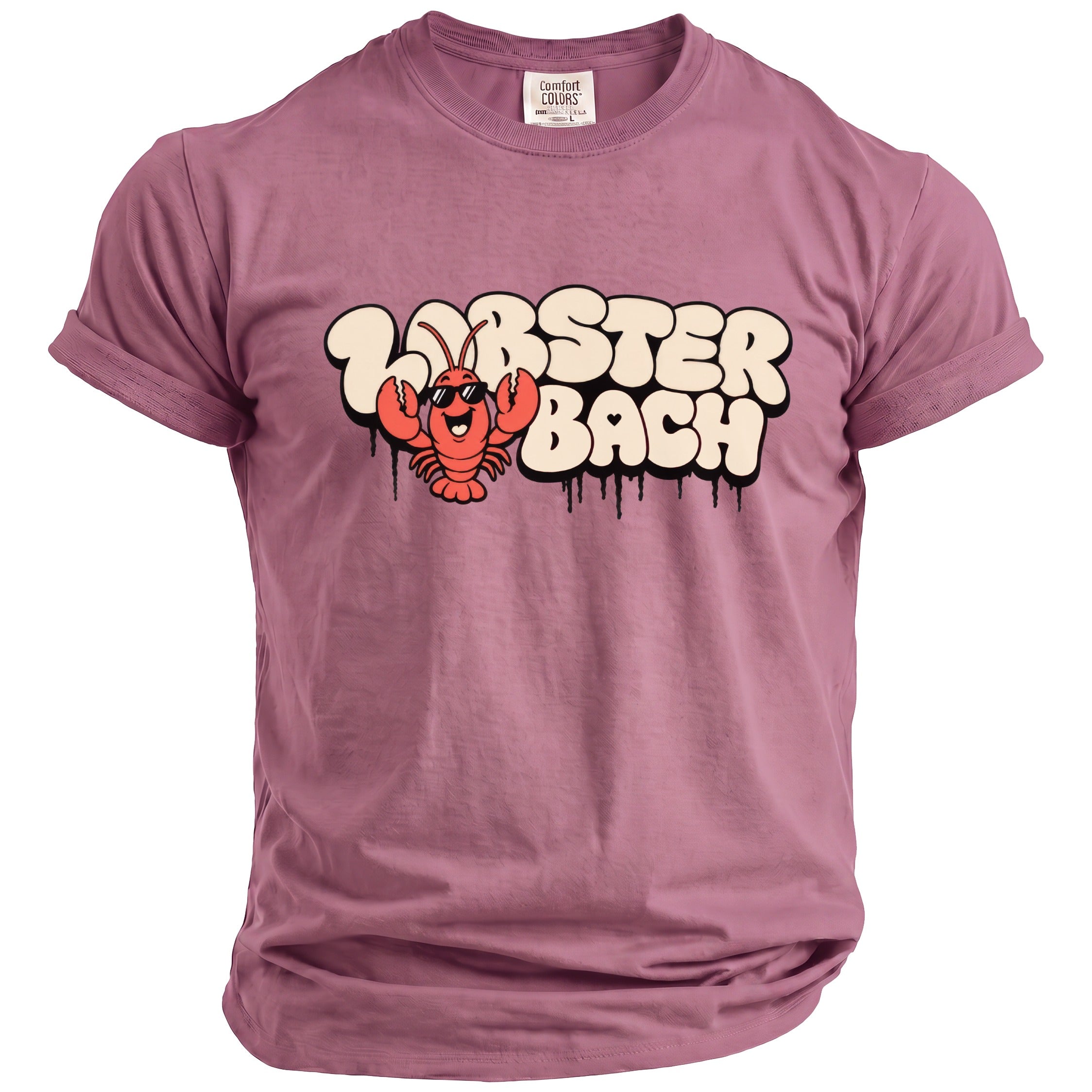 Mauve t-shirt with a cartoon lobster and "Lobster Bach" text graphic.