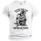 White t-shirt with "Wicked Good Time Before The Ring" and "Bachelor Party" text.