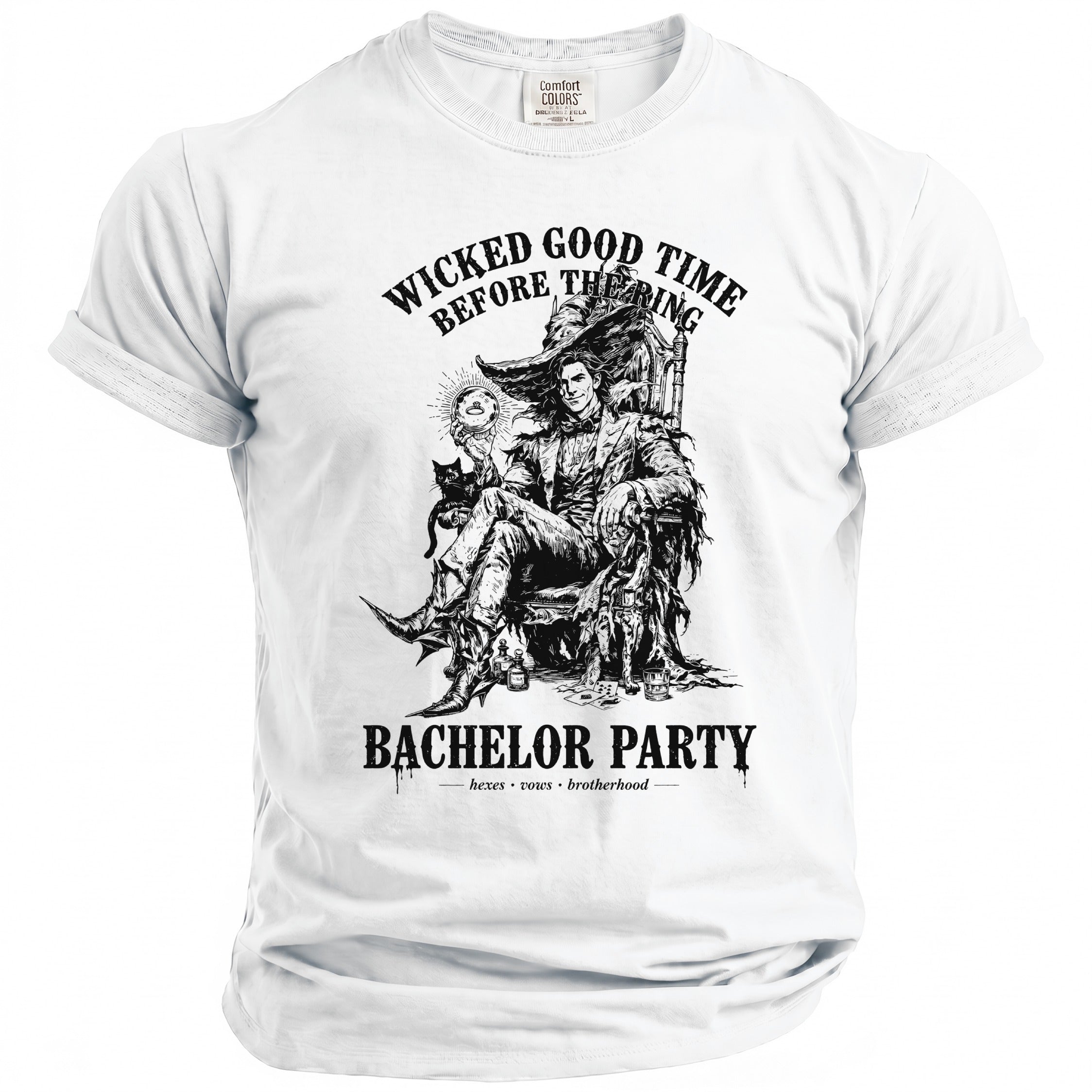 White t-shirt with "Wicked Good Time Before The Ring" and "Bachelor Party" text.