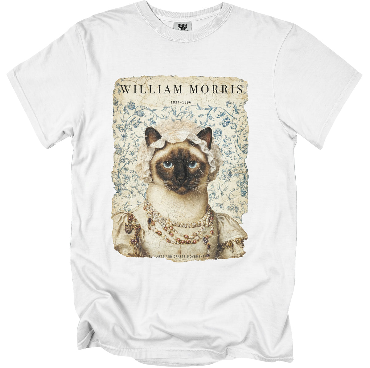 William Morris portrait of a Siamese cat in regalia with floral background.
