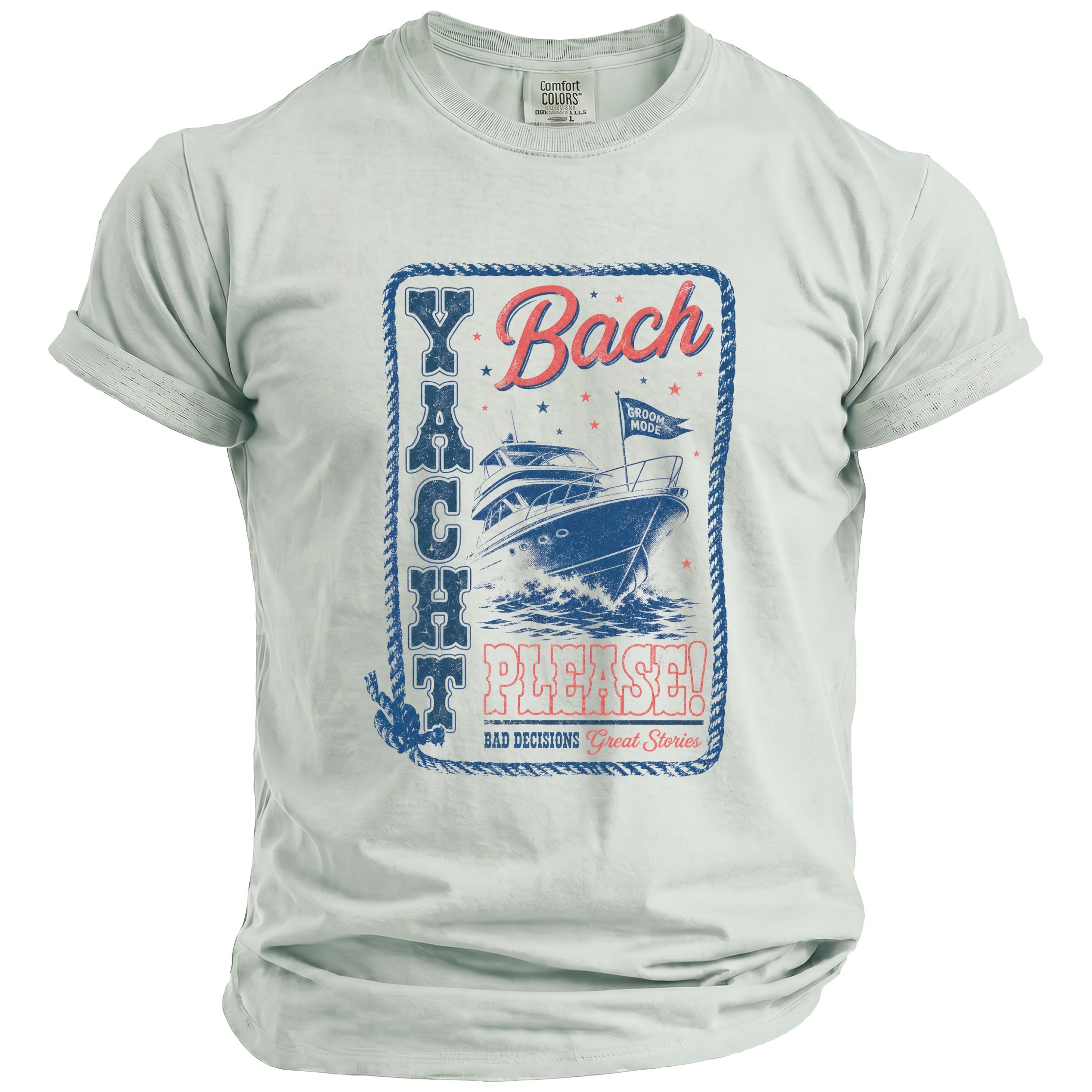 Light gray t-shirt with "Yacht Bach Please!" and a boat graphic.