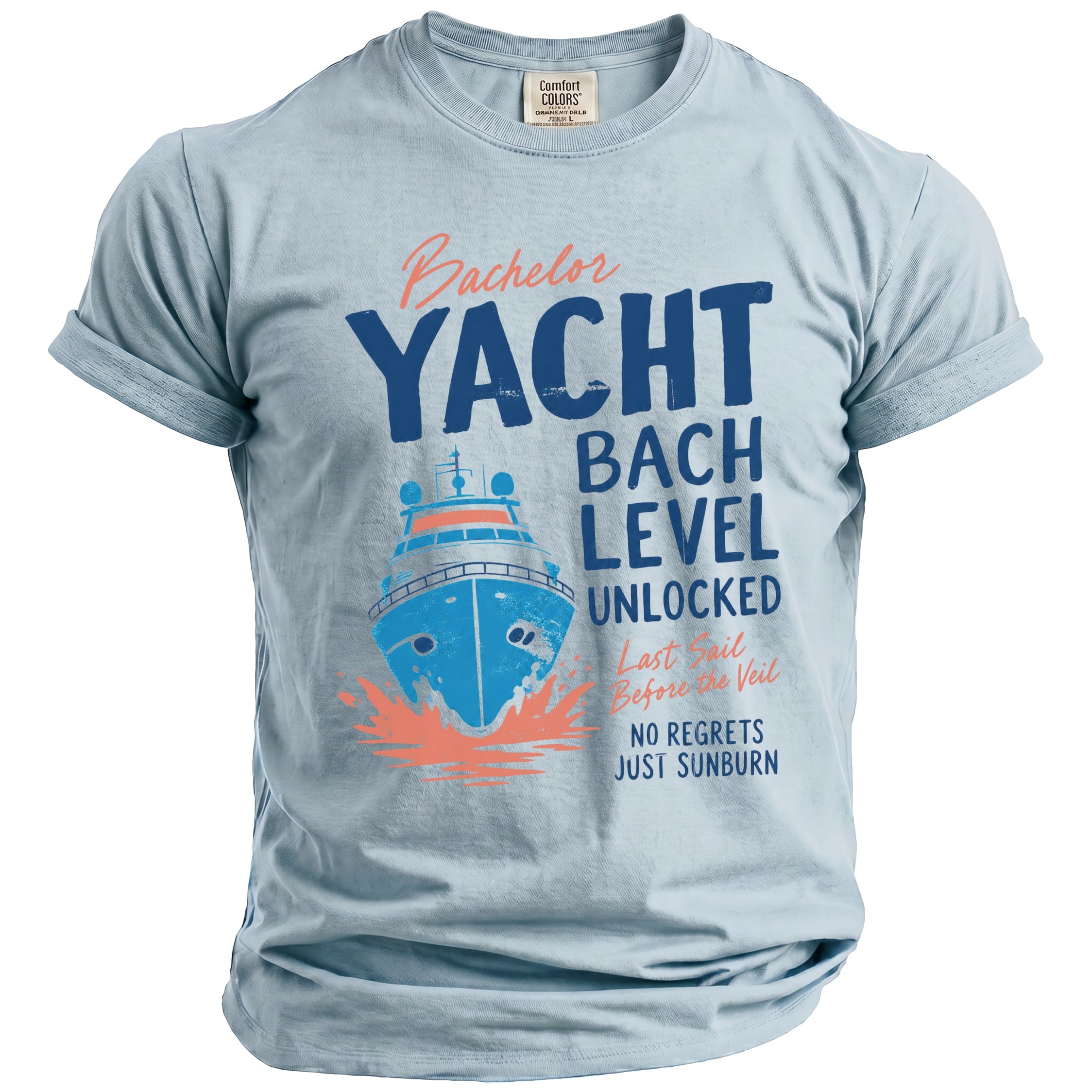 Light blue t-shirt with "Bachelor Yacht Bach Level Unlocked" text and a boat graphic.