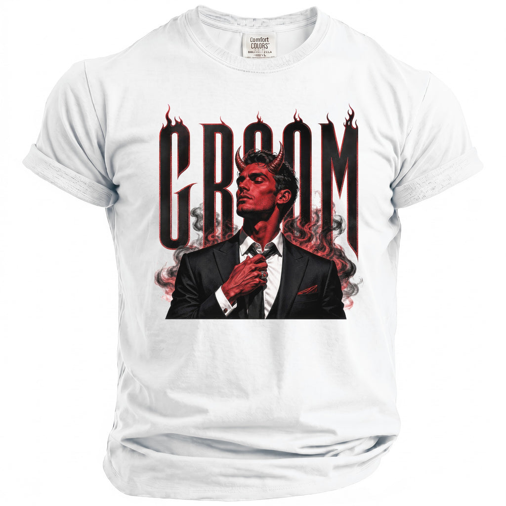 White t-shirt with "GROOM" text and a devilish man in a suit with horns.