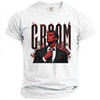 White t-shirt with "GROOM" text and a devilish man in a suit with horns.