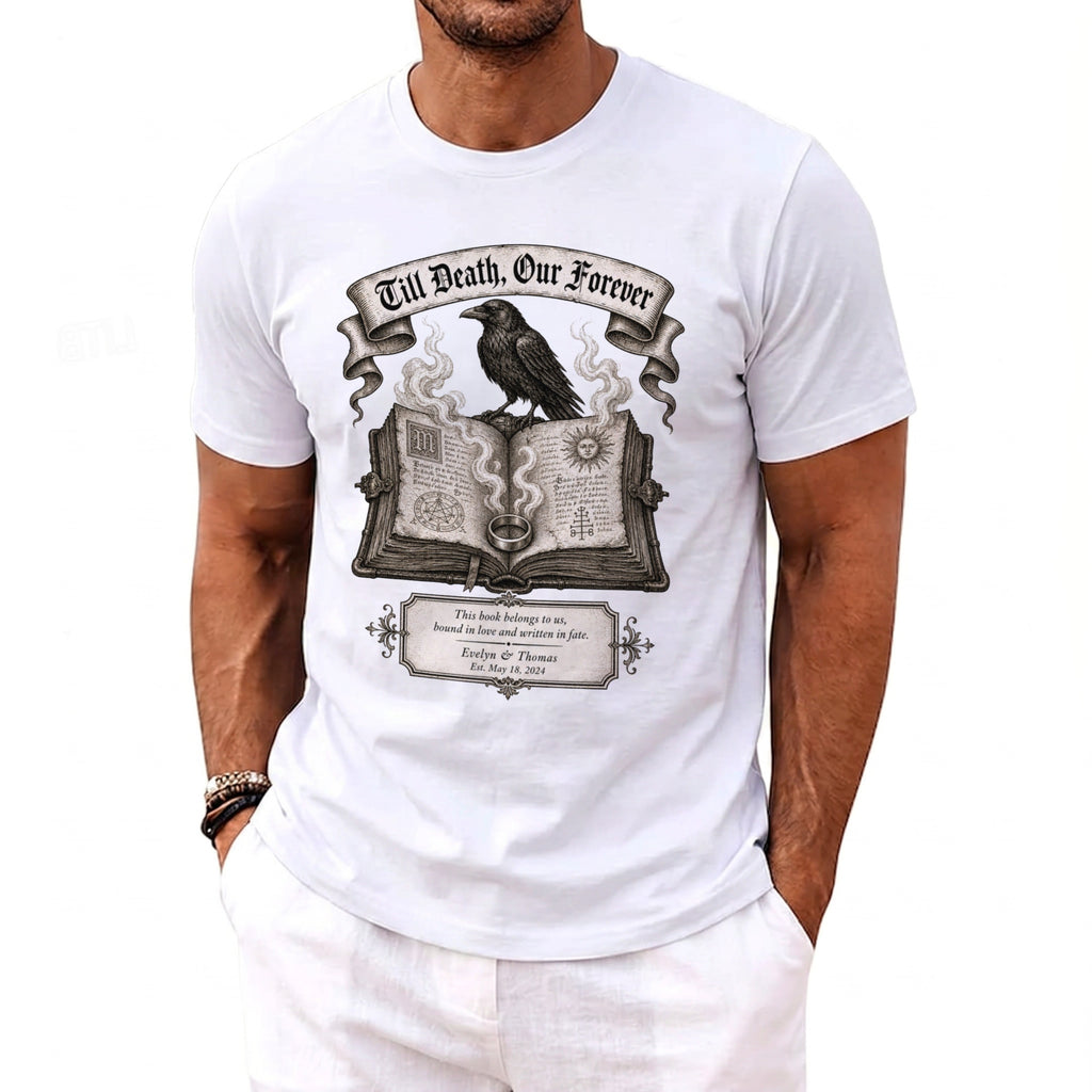 White t-shirt with crow on book design, saying "Till Death, Our Forever" and "Evelyn & Thomas".