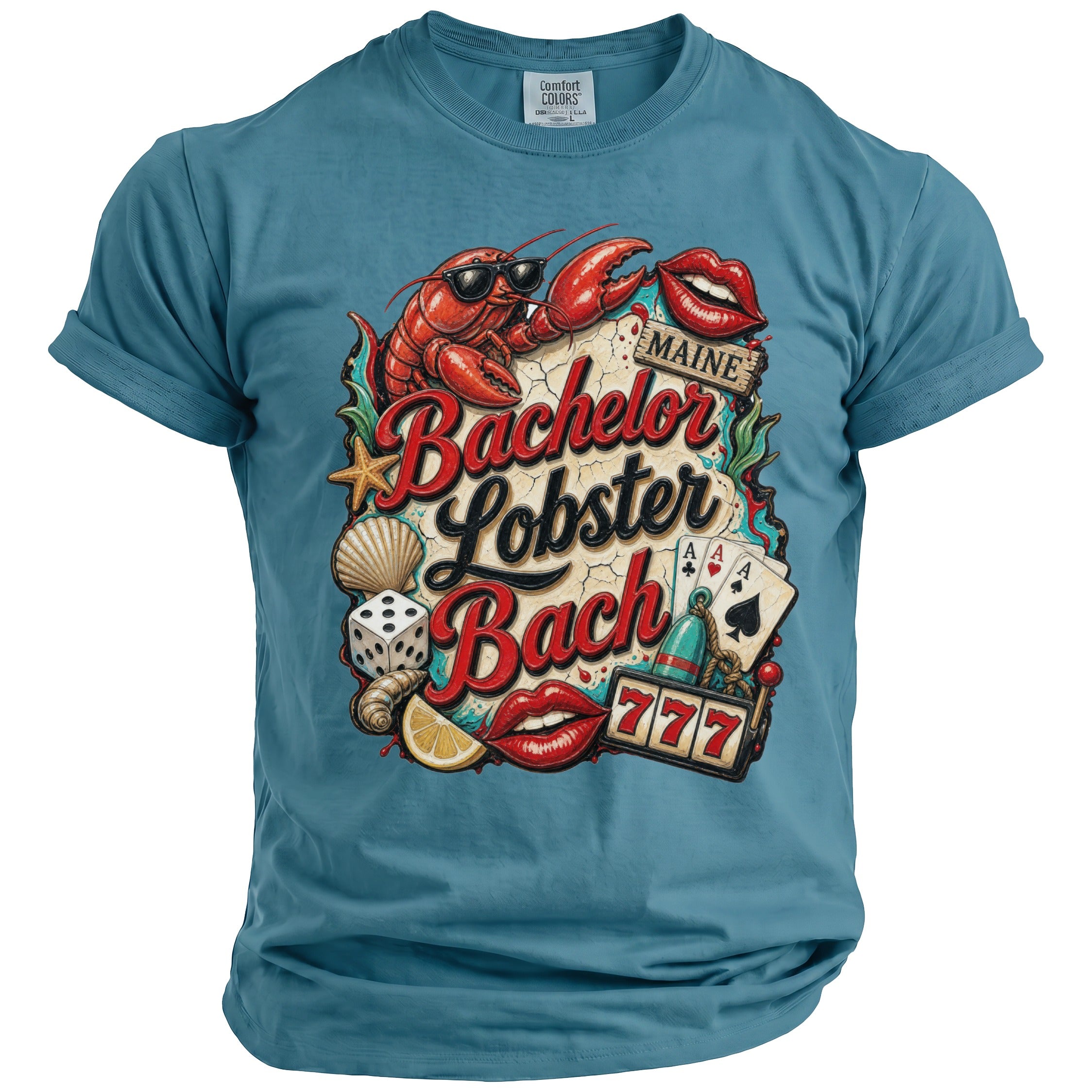 Blue t-shirt with "Bachelor Lobster Bach Maine" graphic featuring a lobster, dice, cards, and lips.