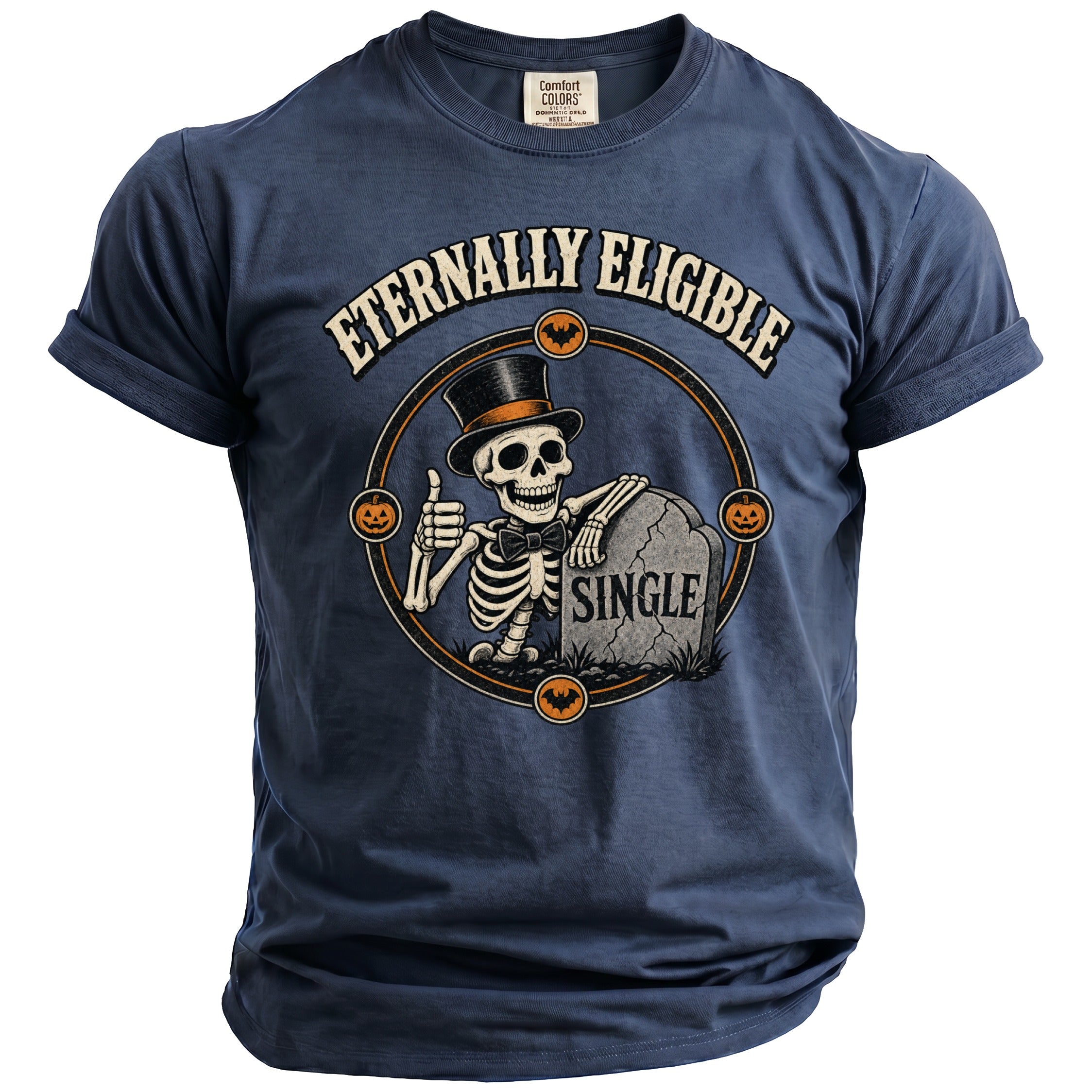 Skeleton with top hat and bow tie leans on tombstone reading "SINGLE."