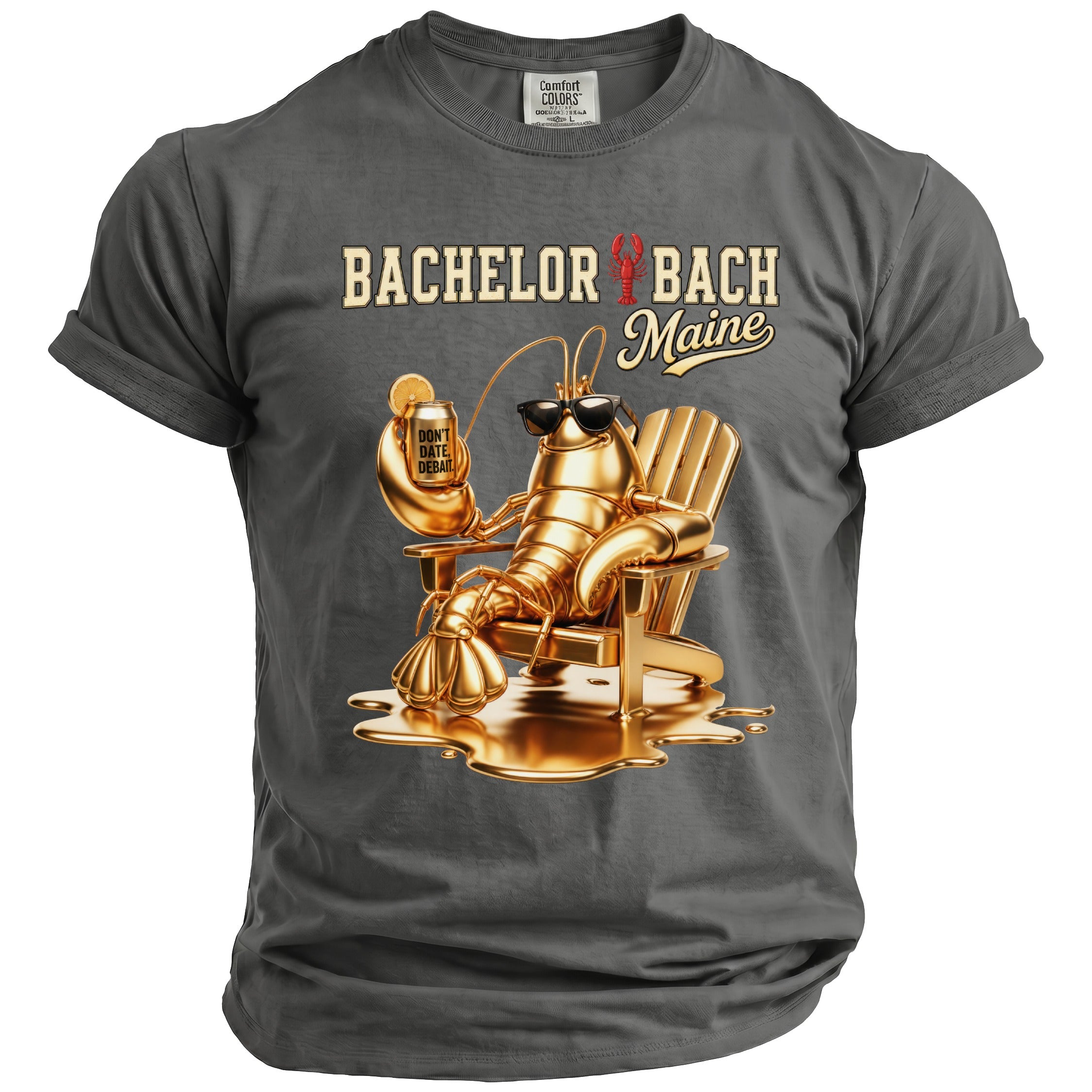 Gold lobster in Adirondack chair holding a can, with text "Bachelor Bach Maine".